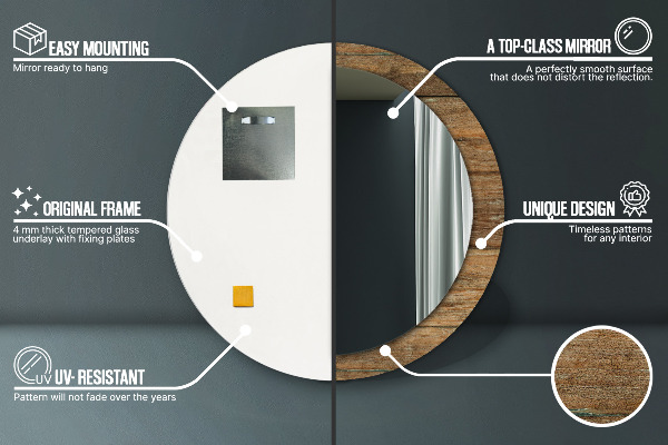 Espelho com moldura impressa redondo Madeira antiga