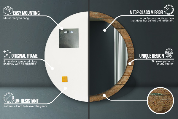 Espelho com moldura impressa redondo Madeira antiga