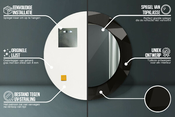 Espelho com moldura impressa redondo Preto abstrato