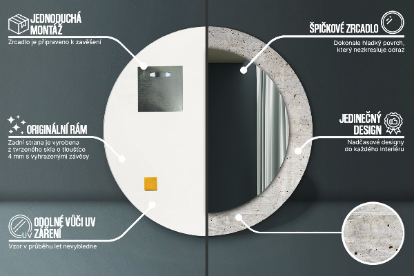 Espelho com moldura impressa redondo Betão cinzento