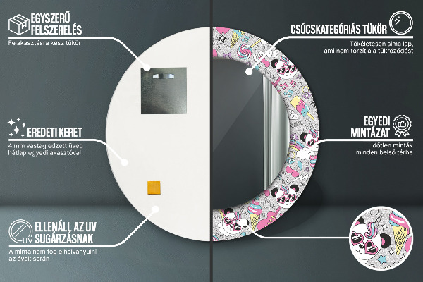 Espelho com moldura impressa redondo Panda unicórnio