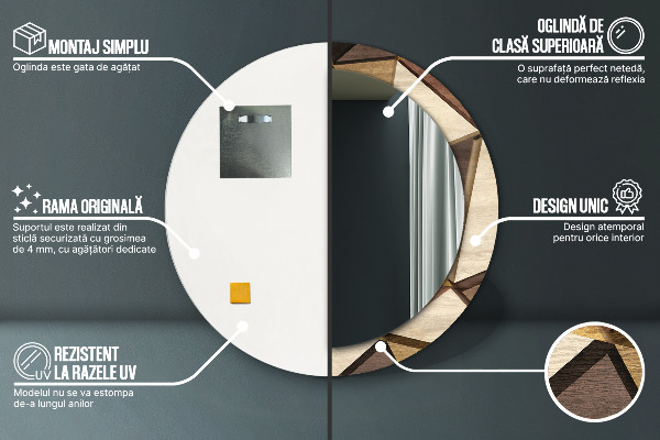 Espelho circular de parede decorativo Madeira geométrica 3d