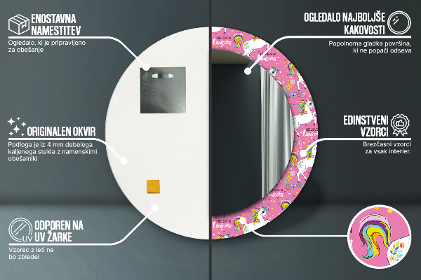 Espelho de parede circular decorativo Unicórnio mágico