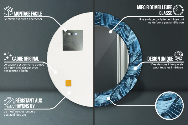 Espelho com moldura impressa redondo Folhas da selva