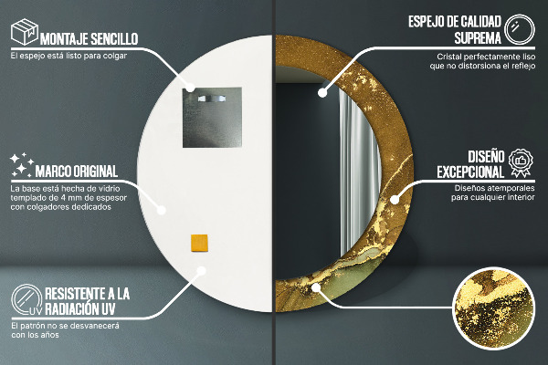 Espelho com moldura impressa redondo Redemoinhos metálicos