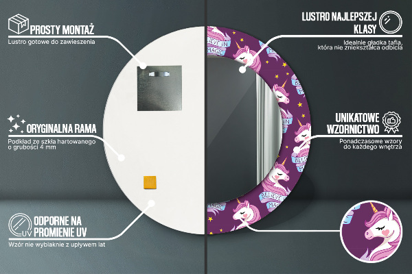 Espelho com moldura impressa redondo Estrelas de unicórnio