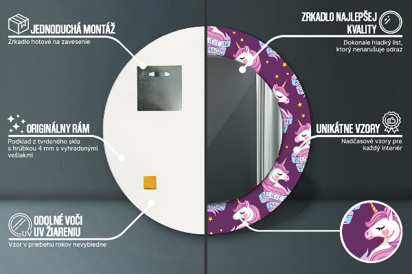 Espelho com moldura impressa redondo Estrelas de unicórnio