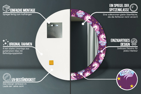 Espelho com moldura impressa redondo Estrelas de unicórnio