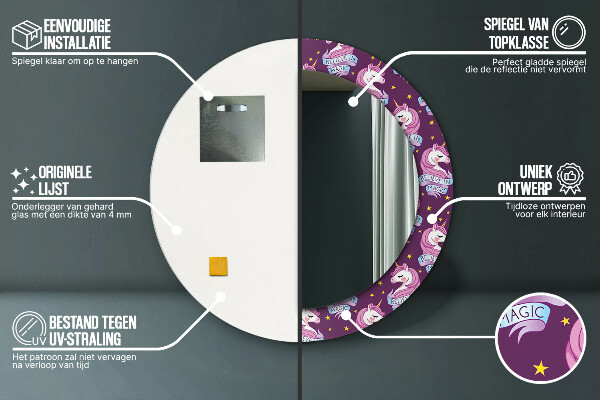 Espelho com moldura impressa redondo Estrelas de unicórnio