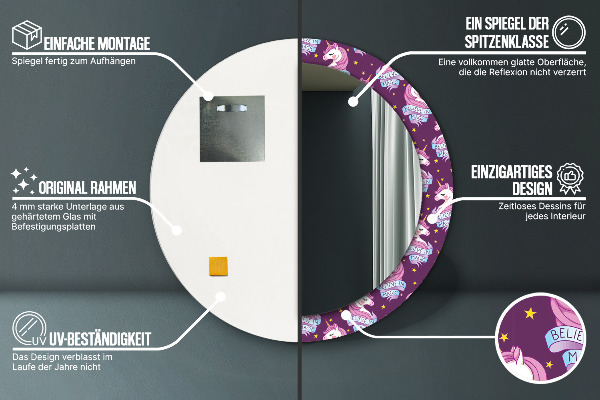 Espelho com moldura impressa redondo Estrelas de unicórnio