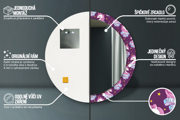 Espelho com moldura impressa redondo Estrelas de unicórnio