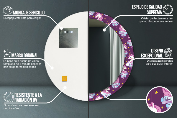 Espelho com moldura impressa redondo Estrelas de unicórnio