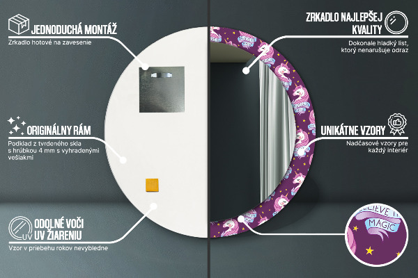 Espelho com moldura impressa redondo Estrelas de unicórnio