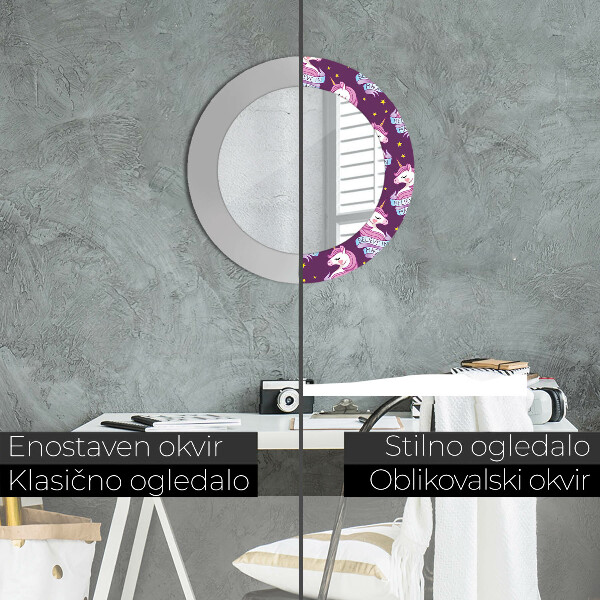 Espelho com moldura impressa redondo Estrelas de unicórnio