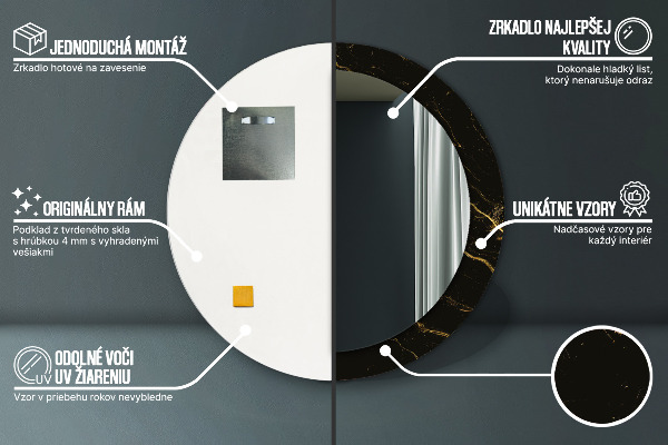 Espelho com moldura impressa redondo Mármore preto