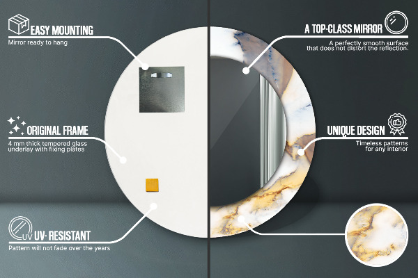 Espelho de moldura impressa redondo Mármore branco