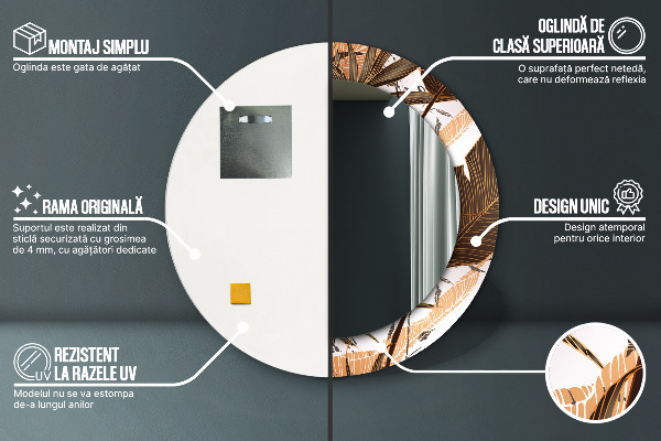 Espelho com moldura impressa redondo Folhas de palmeira