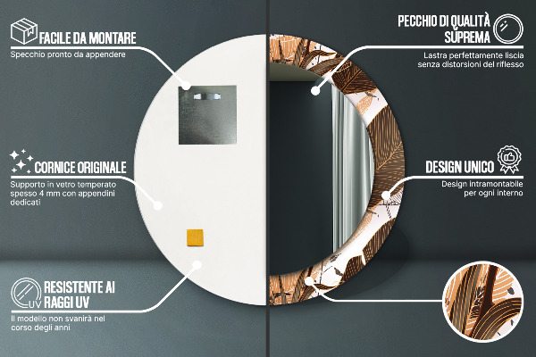 Espelho com moldura impressa redondo Folhas de palmeira