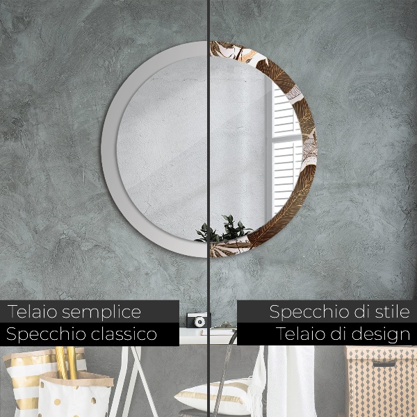 Espelho com moldura impressa redondo Folhas de palmeira