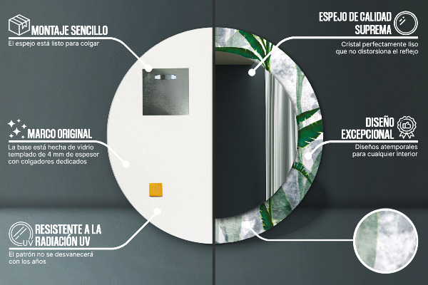 Espelho circular de parede decorativo Folhas tropicais