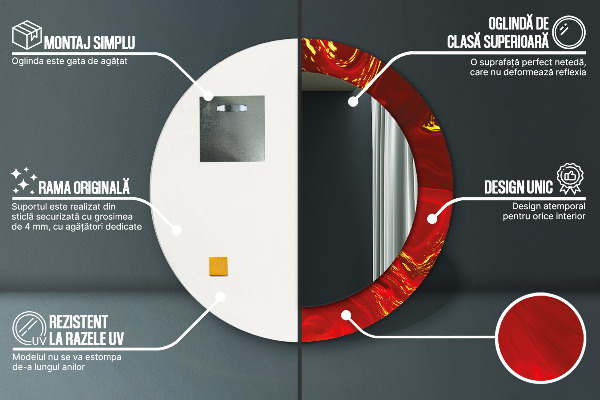 Espelho de moldura impressa redondo Mármore Vermelho