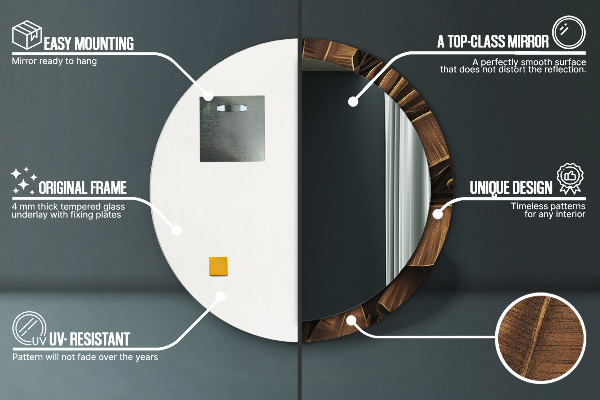 Espelho com moldura impressa redondo Folhas de Bananeira Marrons