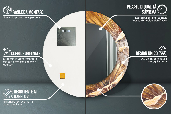 Espelho com moldura impressa redondo Folhas Douradas