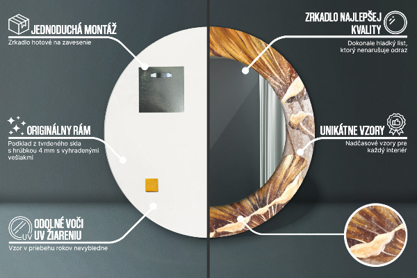 Espelho com moldura impressa redondo Folhas Douradas