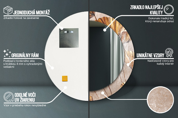 Espelho com moldura impressa redondo Folhas Douradas