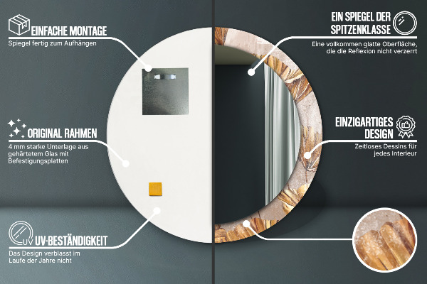 Espelho com moldura impressa redondo Folhas Douradas