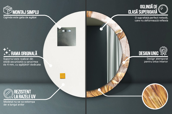 Espelho com moldura impressa redondo Folhas Douradas