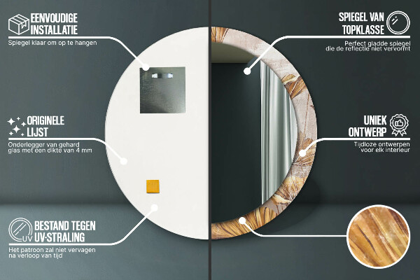 Espelho com moldura impressa redondo Folhas Douradas