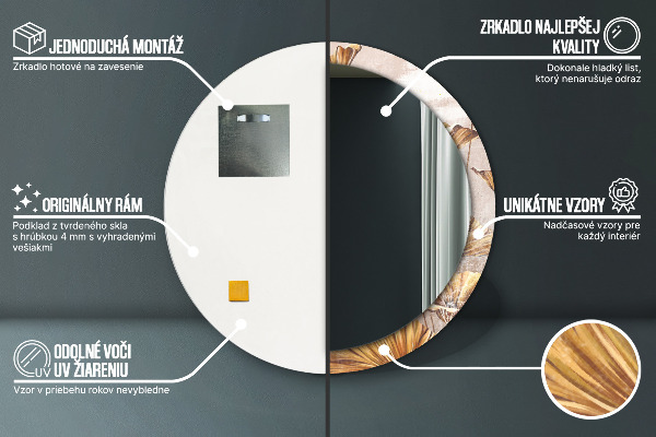 Espelho com moldura impressa redondo Folhas Douradas