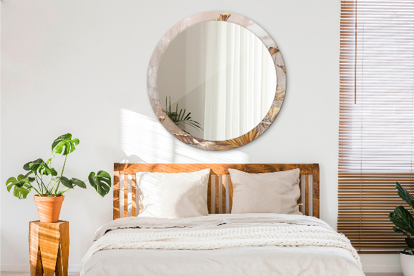 Espelho com moldura impressa redondo Folhas Douradas