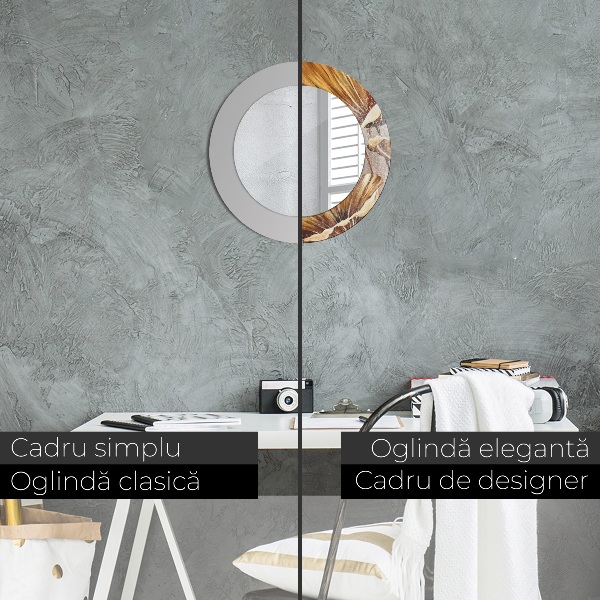 Espelho com moldura impressa redondo Folhas Douradas