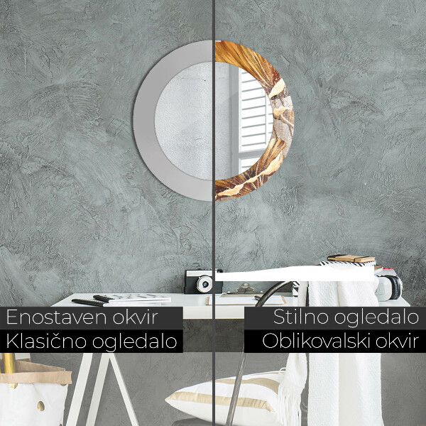 Espelho com moldura impressa redondo Folhas Douradas