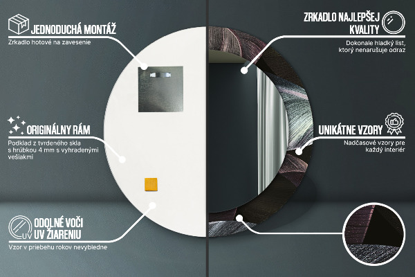 Espelho com moldura impressa redondo Folhas Tropicais Escuras