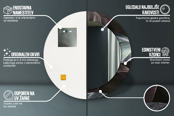 Espelho com moldura impressa redondo Folhas Tropicais Escuras