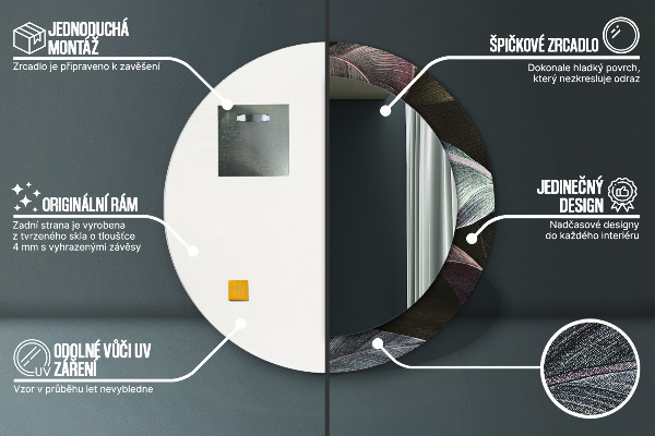 Espelho com moldura impressa redondo Folhas Tropicais Escuras