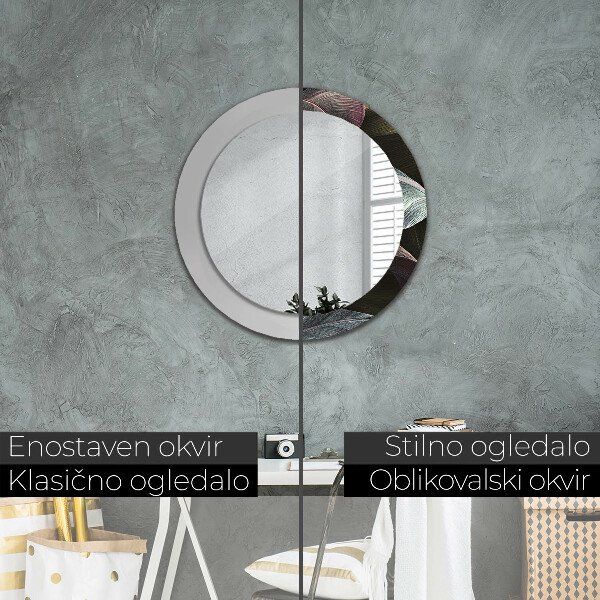 Espelho com moldura impressa redondo Folhas Tropicais Escuras