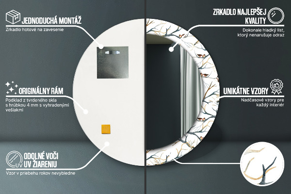 Espelho circular decorativo de parede Pardais, Pássaros e Galhos