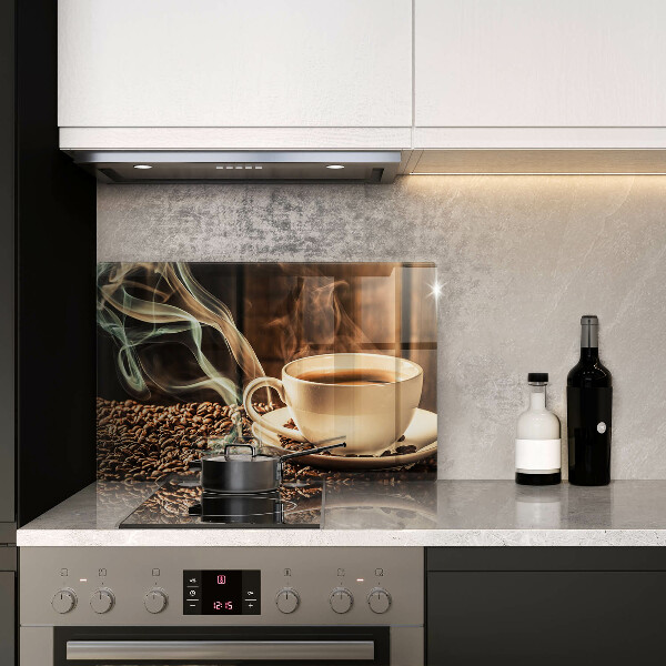 Protetor de fogão de vidro Uma xícara e grãos de café