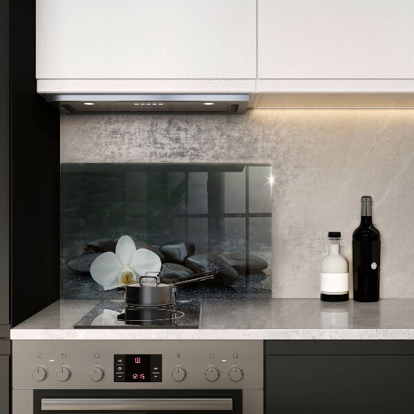 Protetor em vidro para fogão Pedras Zen de flores brancas