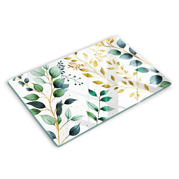 Protetor para fogão de vidro Folhas verdes e douradas