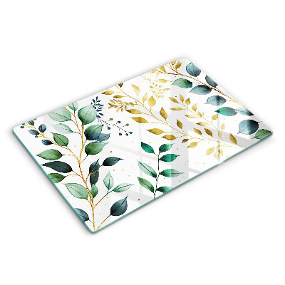 Protetor para fogão de vidro Folhas verdes e douradas