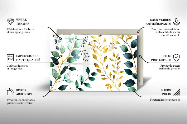 Protetor para fogão de vidro Folhas verdes e douradas