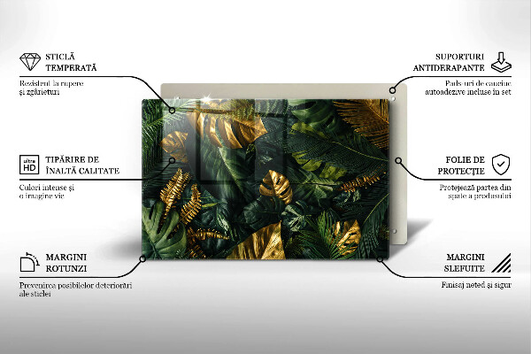 Protetor de fogão de vidro Folhas de Monstera Dourada