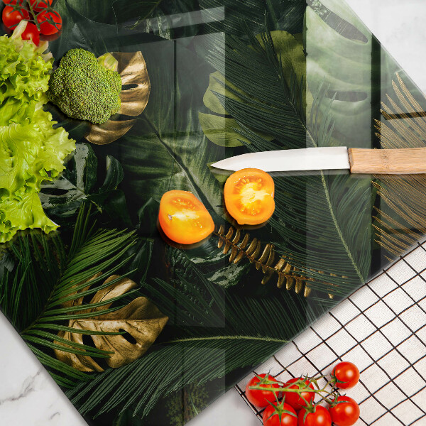 Protetor de fogão de vidro Folhas de Monstera Dourada