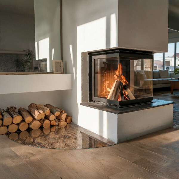 Base de vidro semi-oval para lareira Padrão de madeira natural