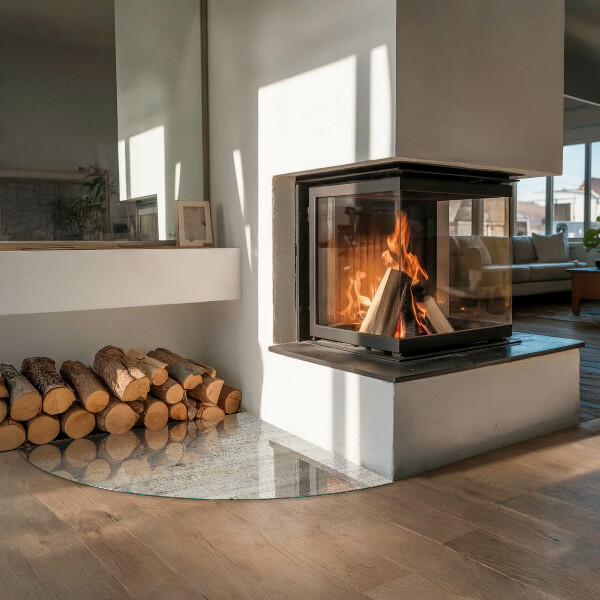 Base de vidro semi-oval para lareira Textura de madeira clara